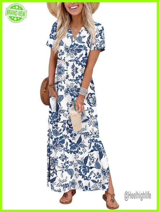 Dresses & Skirts - Maxi Dress with Pockets Short Sleeve V-Neck Side Slit Beach Vacation